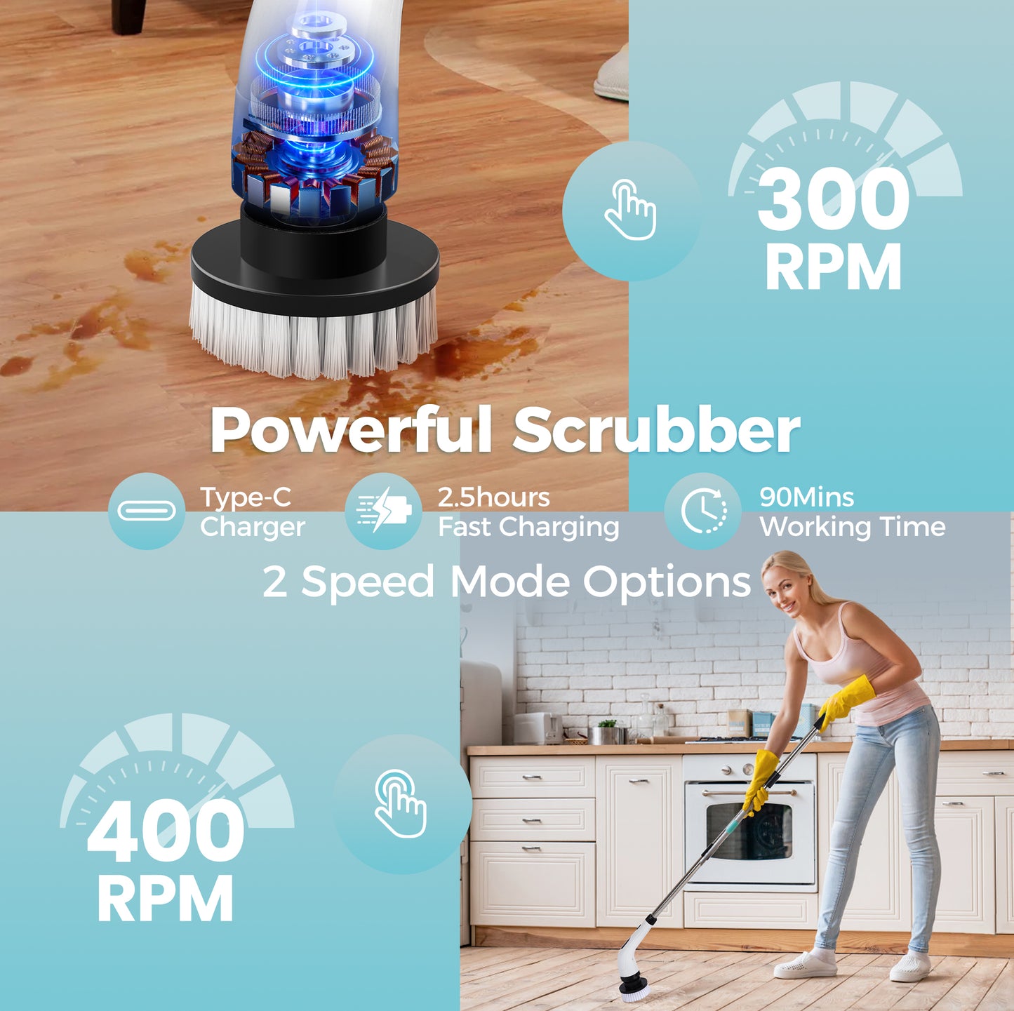 BIMZUC Electric Spin Scrubber, Cordless Cleaning Brush, 8 Replaceable Heads, Adjustable Handle, 400 RPM Power, for Bathroom, Kitchen, Floors, White