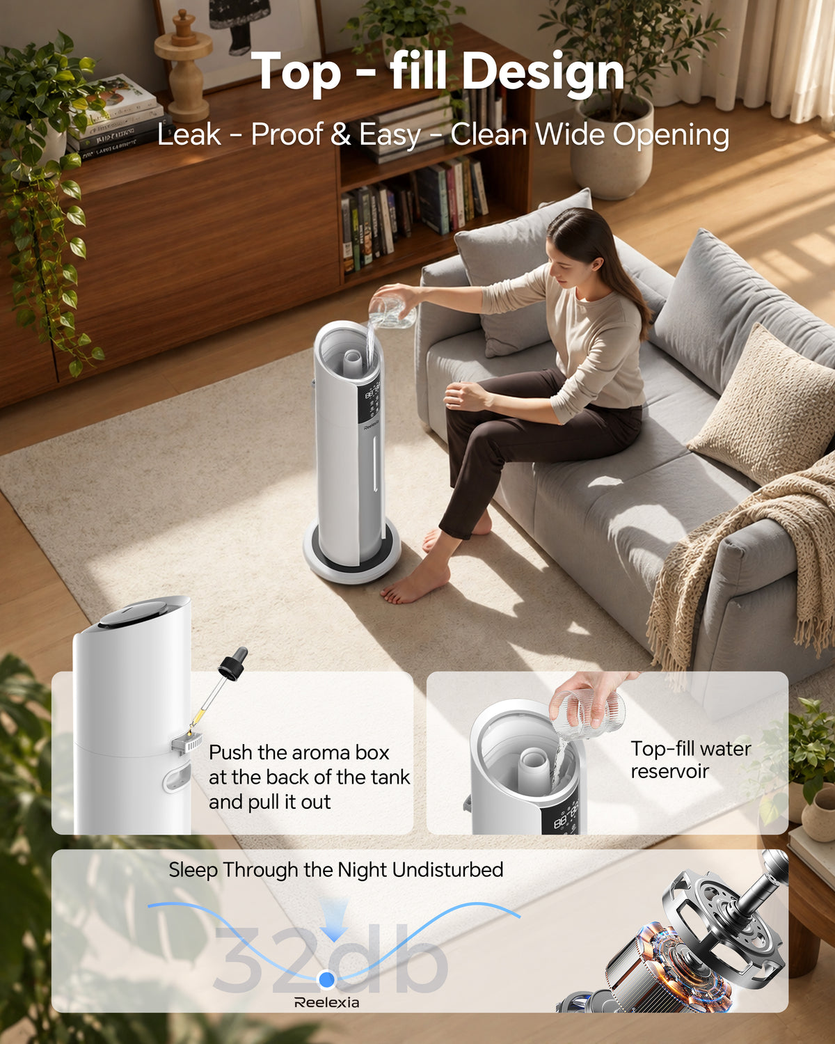 Reelexia 8L Humidifiers for Bedroom Large Room, Top Fill Ultrasonic Cool Mist Tower Humidifiers with Humidistat, Auto Shut-off