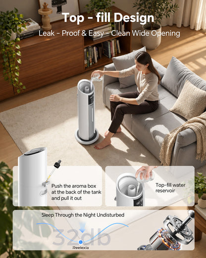 Reelexia 8L Humidifiers for Bedroom Large Room, Top Fill Ultrasonic Cool Mist Tower Humidifiers with Humidistat, Auto Shut-off