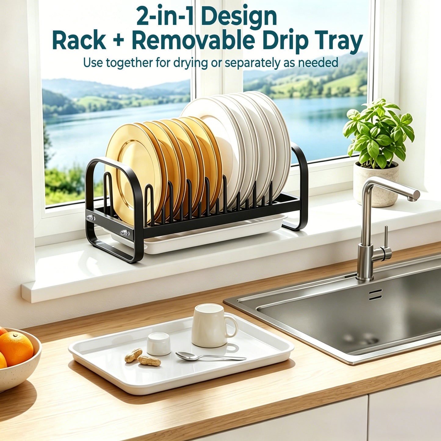 Riousery Dish Drying Rack with Drainboard, Compact Stainless Steel Dish Drainer for Small Kitchen Counter, 14.2" x 6.9" x 6.1", Black