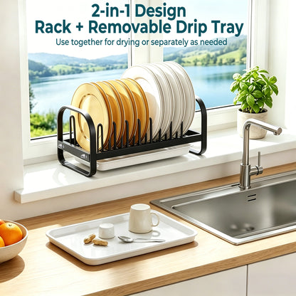 Riousery Dish Drying Rack with Drainboard, Compact Stainless Steel Dish Drainer for Small Kitchen Counter, 14.2" x 6.9" x 6.1", Black