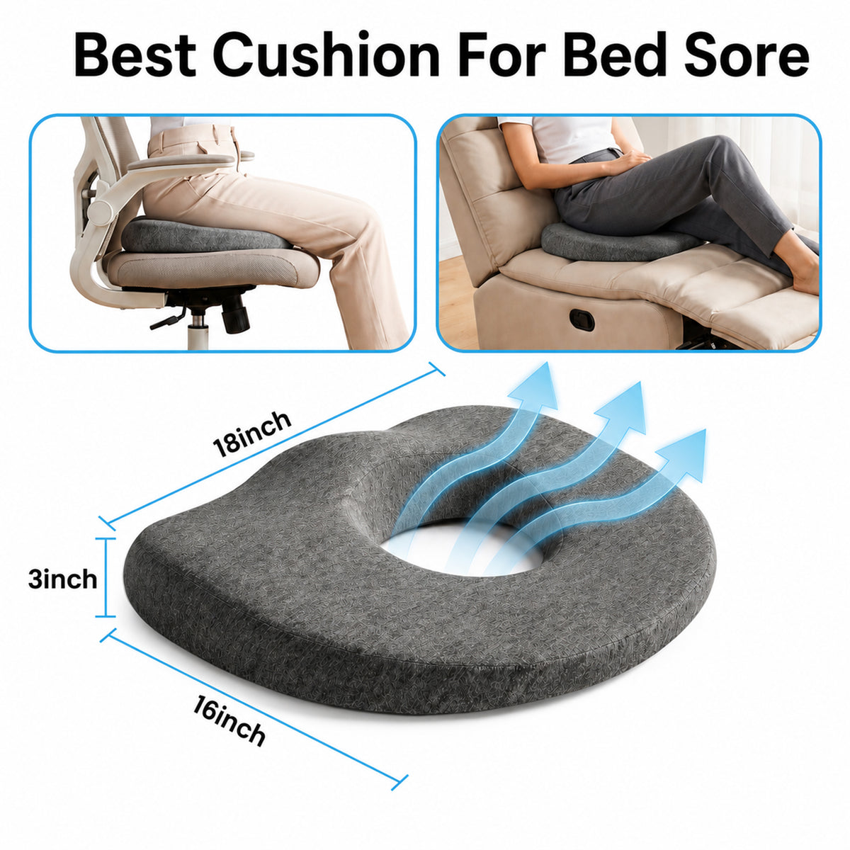 LZSDS Donut Pillow Seat Cushion, Memory Foam Support Pillow for Wheelchair Office Chair, Washable Cover, Non-Slip Bottom, Dark Gray