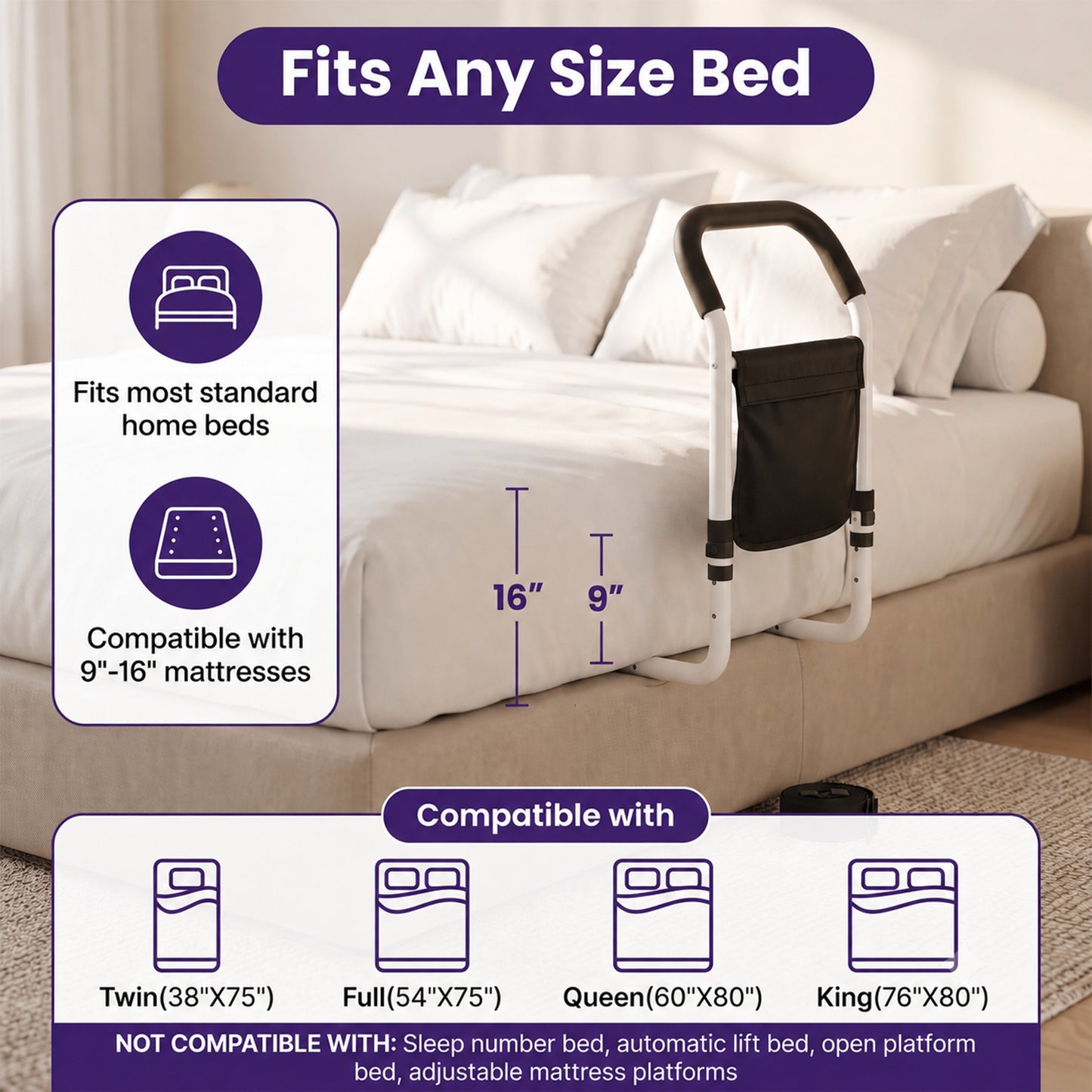 YCPINGC Bed Assist Rails for Seniors, 2026 Upgrade Adjustable Bed Rails for Elderly Adults with Safety Guard, Storage Bag and Fixing Strap