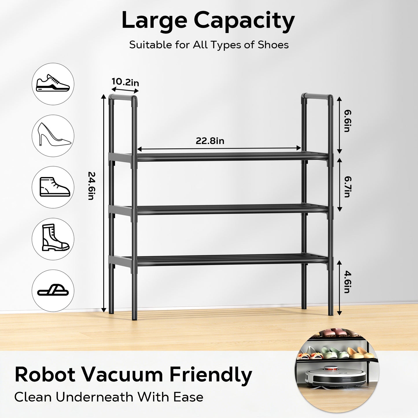 WEENEED 3-Tier All-Steel Shoe Rack, Stackable & Adjustable Metal Shoe Organizer for Entryway, Closet, or Bedroom, Heavy-Duty Storage Shelf for Boots and Heels