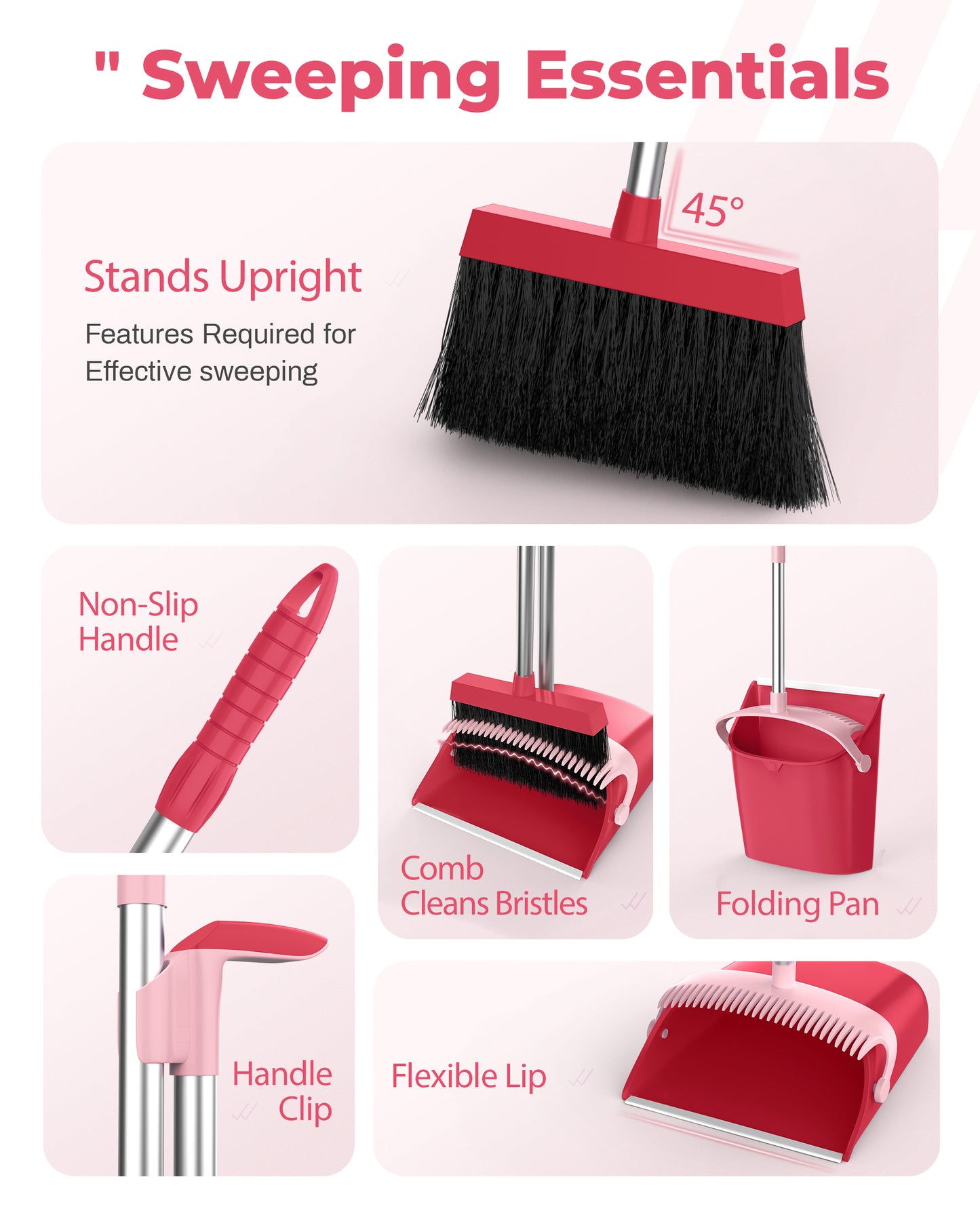 BIMZUC Broom and Dustpan Set for Home, 51" Long Handle Dustpan w/Comb, Broom & Dustpan, Rose Red