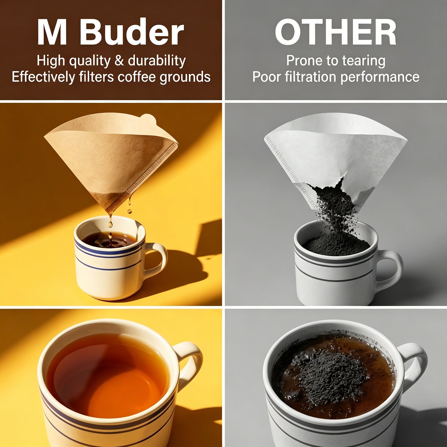 M Buder 200 Count Cone Coffee Filters 1-2 Cup, Unbleached Natural Disposable Paper Filters for Pour over and Coffee Maker