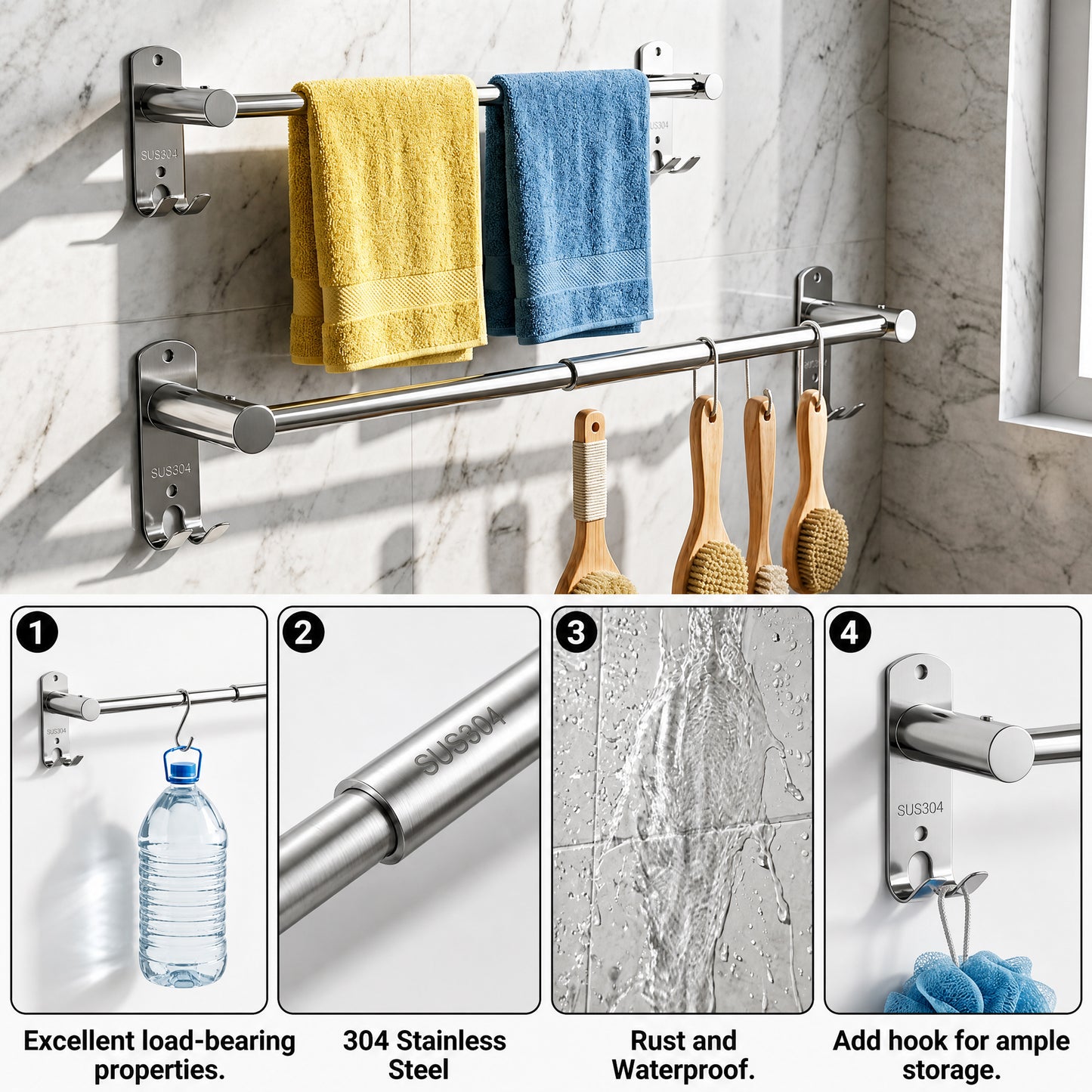 LZSDS Towel Racks for Bathroom Wall Mounted, 304 Stainless Steel Retractable Towel Bar 16-29 in with Hooks