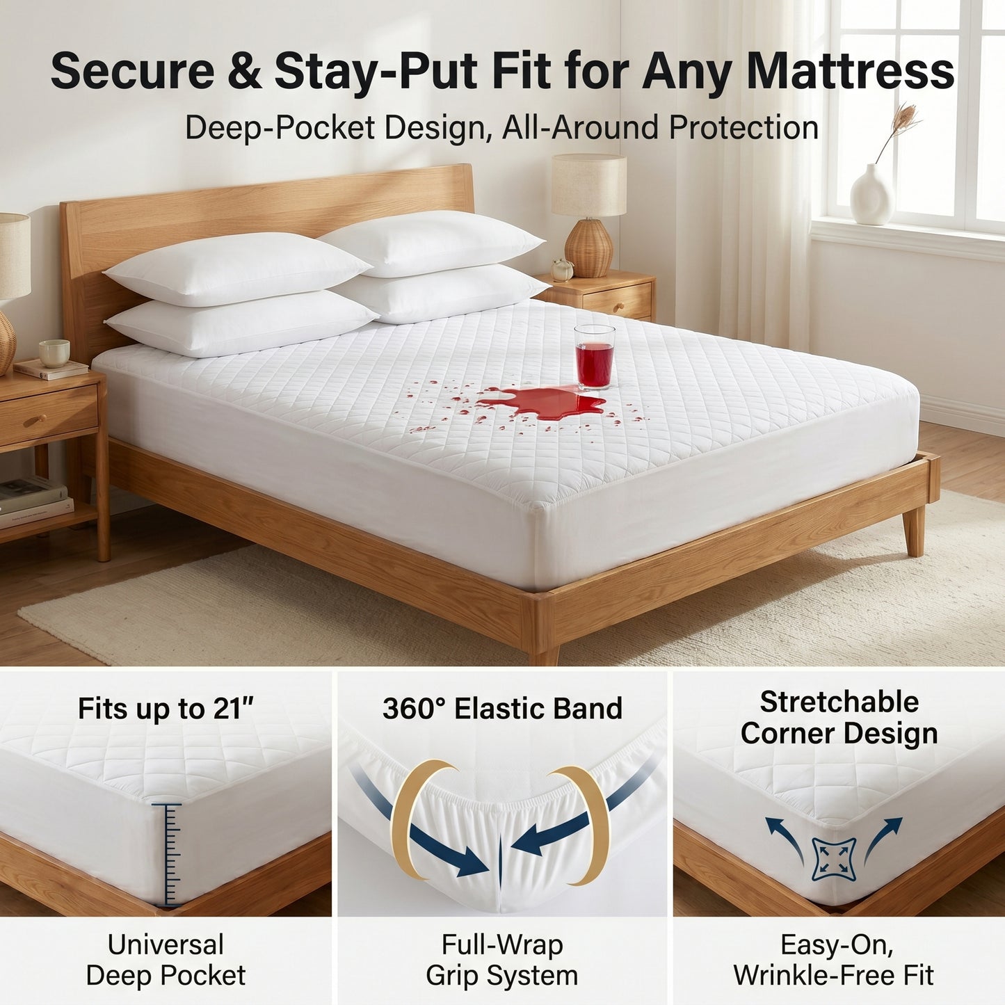 ALYLO Queen Waterproof Mattress Protector, 4-Layer Brushed Fabric Quilted Bed Pad with Noiseless TPU Membrane, Soft Breathable Cover, Fits 8"-22" Deep Pocket