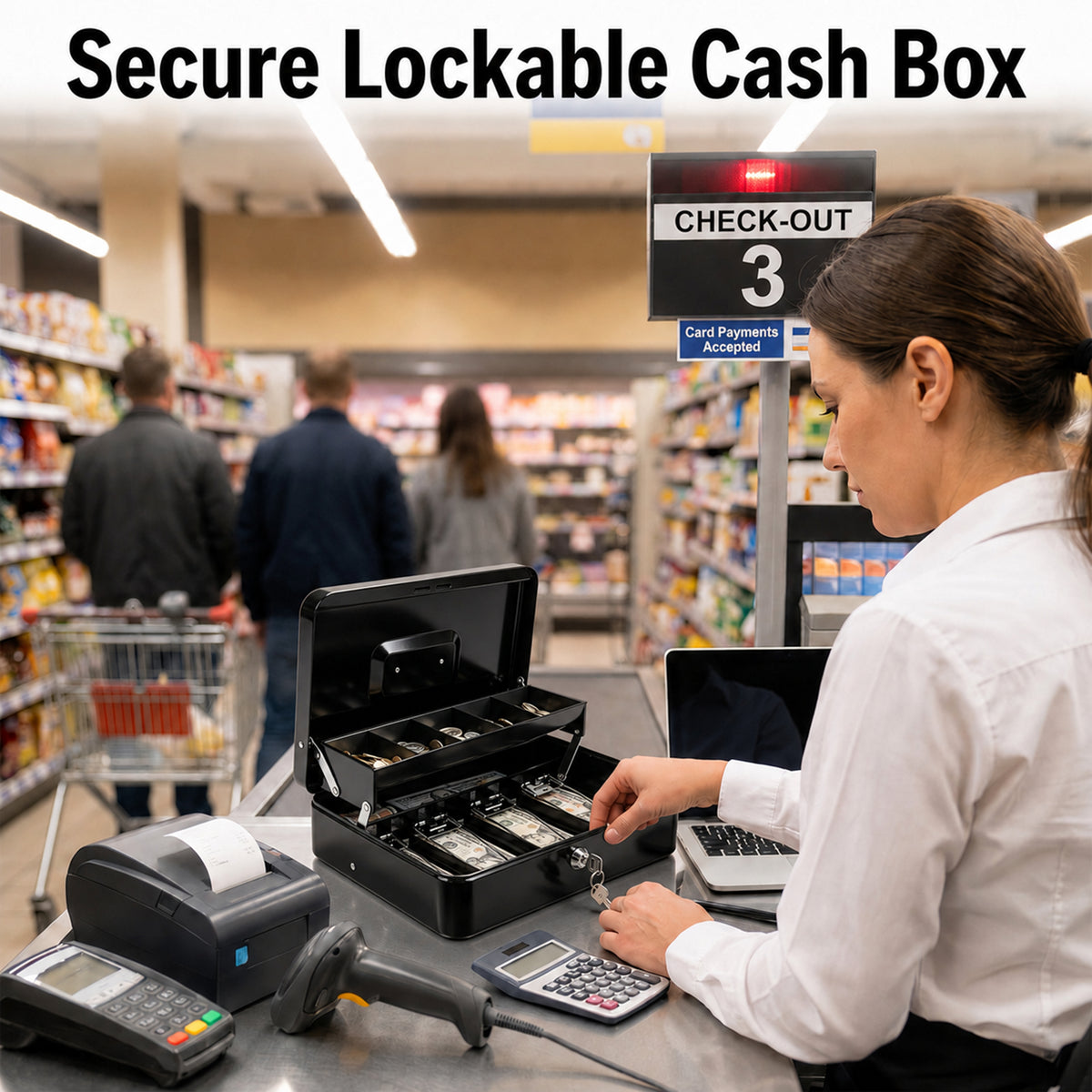 Alylo Large Metal Cash Box with Money Tray and Key Lock, 5 Coin Compartments, Black, 11.8" x 9.45" x 3.74"