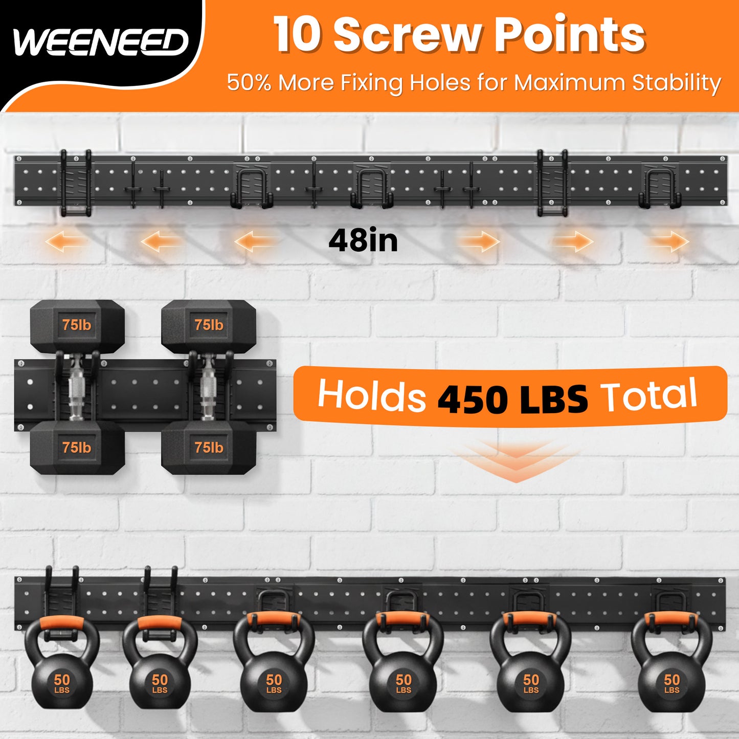 WEENEED Garage Tool Organizer Wall Mount 48 inches with 10 Adjustable Heavy-Duty Hooks, Garage Organization, Garden Tool Storage Rack, Yard, and Shed