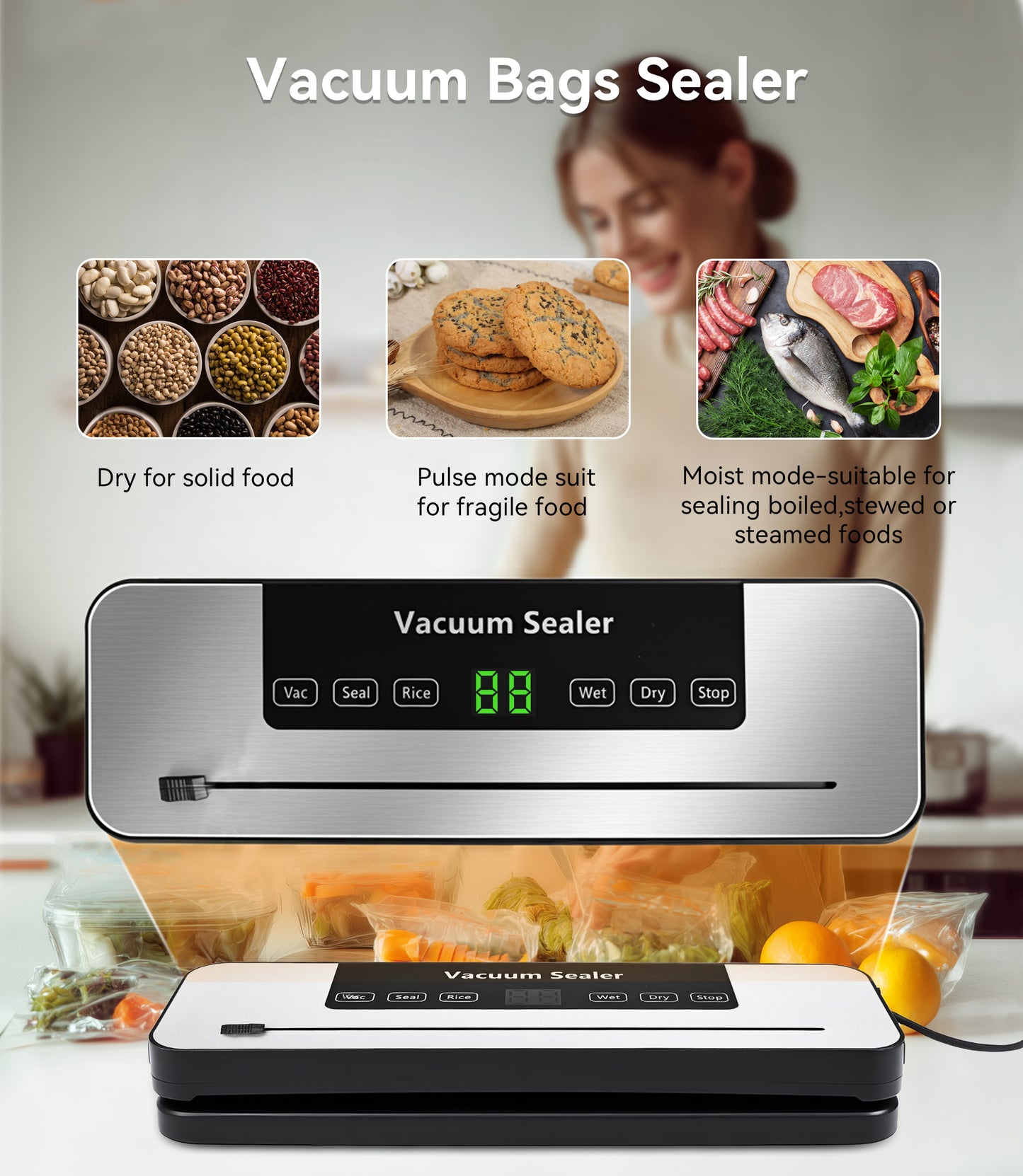 M Buder Vacuum Sealer Machine, Automatic Sealing for Food Storage with Cutter, 5 Modes, Residential, Commercial