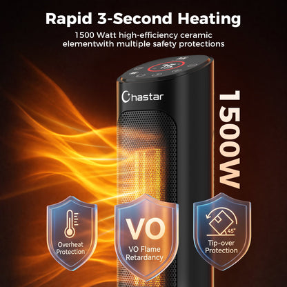 Chastar Black 1500W Electric Oscillating Ceramic Space Heater, 24 inch, with Remote, New