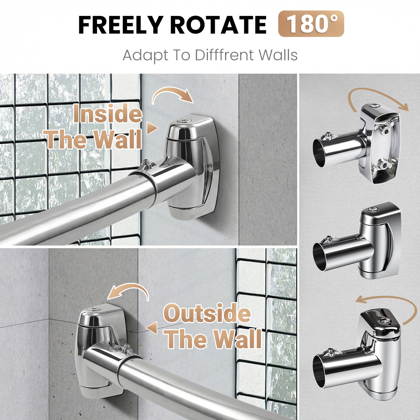 Riousery Curved Shower Curtain Rod, 43–71 in Adjustable, 304 Stainless Steel, Wall Mounted Screw-In Installation, Rotatable Brackets, Silver