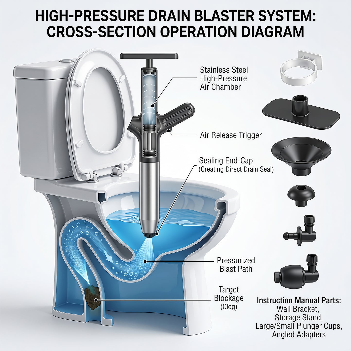 LZSDS Power Air Plunger for Toilet Heavy Duty, Visible Pressure Gauge Drain Unclogger with 4 Heads Splash Free