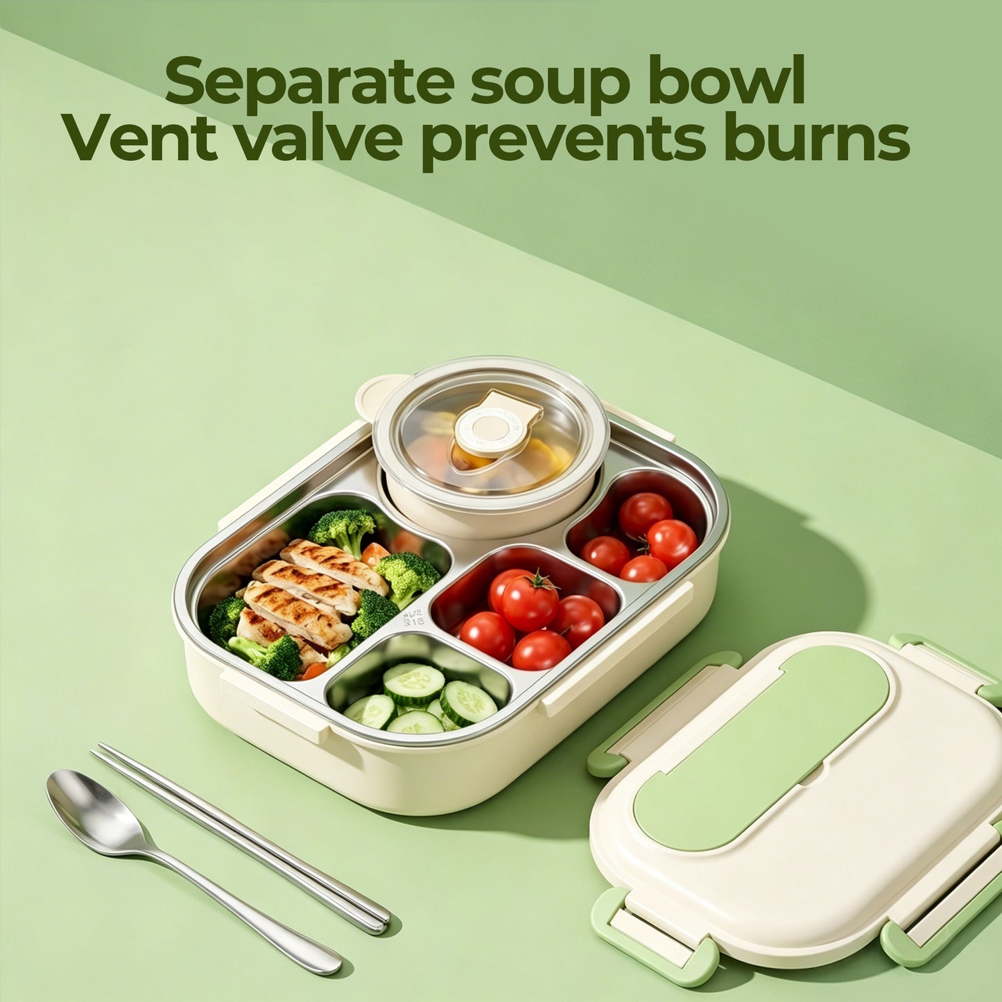 M Buder Bento Box for Kids, Leak-Proof 304 Stainless steel Lunch Box with 5 Compartments , Double Insulated Food Jar, Fork, Spoon, Green