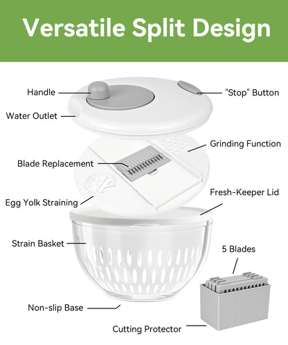 M Buder Salad Spinner, Vegetable Fruit Washer Dryer and Chopper, Lettuce Spinner with 5 Blade Slicer Shredder, 4500ML Slalad Bowl , White