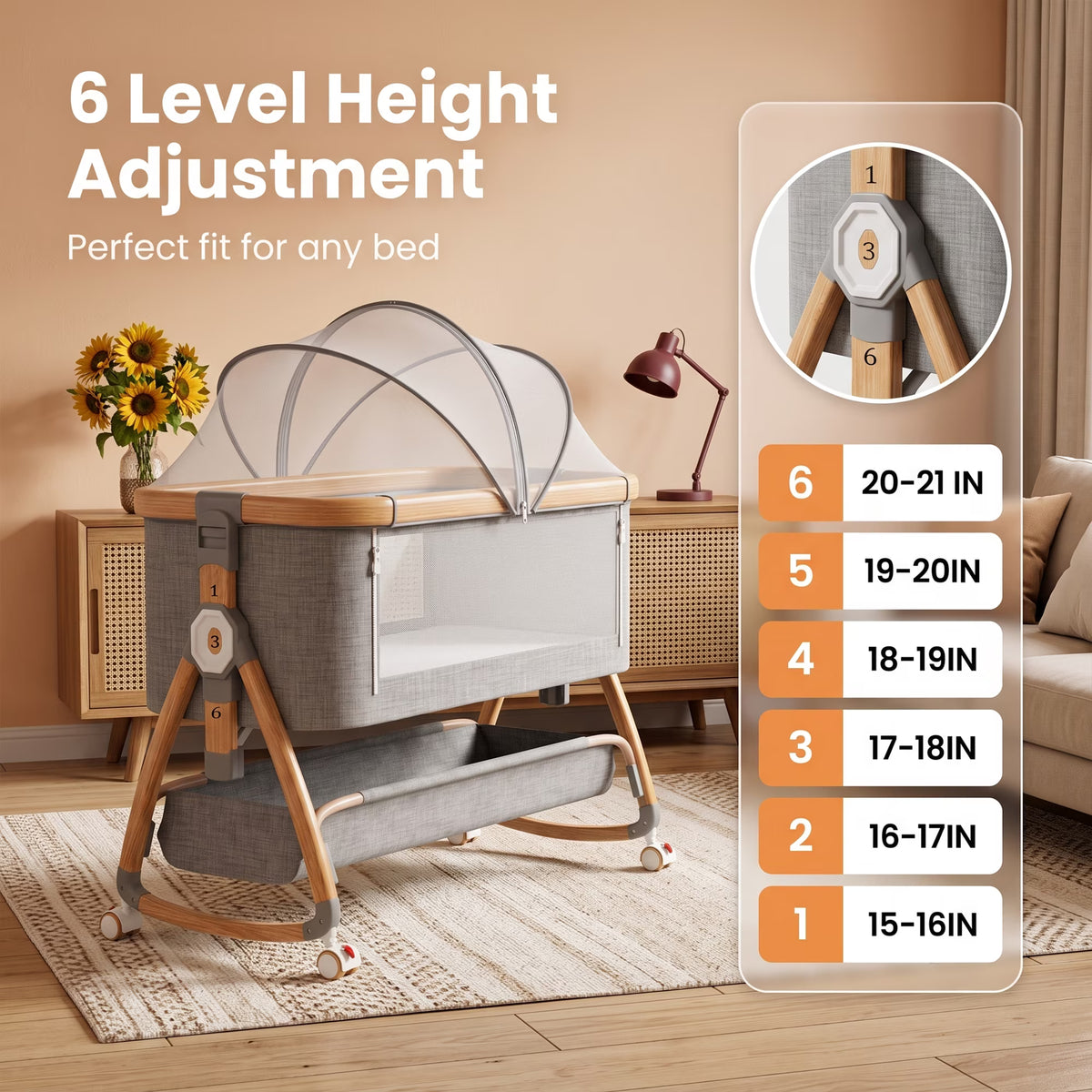 Chastar Bassinet, Foldable Bedside Bassinet with 6 Adjustable Heights and Mesh Panels, for Newborns, Gray