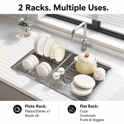 Riousery Over the Sink Dish Drying Rack Set, Expandable Stainless Steel Dish Rack, 2-Piece Adjustable Sink Drying Rack with Plate Holder & Flat Rack, 16-20 in