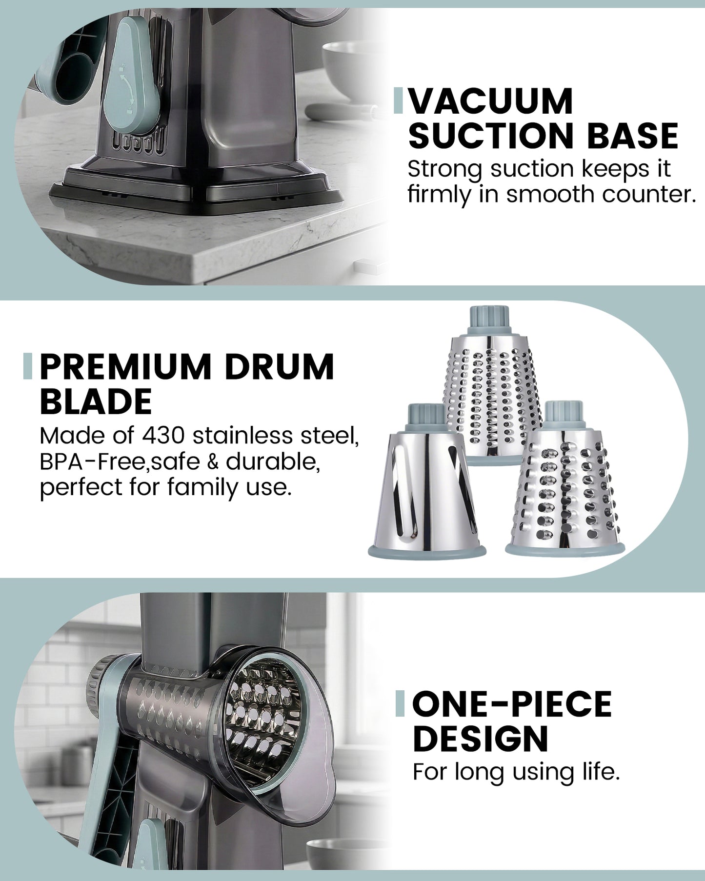 M Buder Rotary Cheese Grater with 3 Interchangeable Blades, Hand Crank Cheese Shredder Vegetable Chopper , Mandoline Slicer, Suction Base, Gray