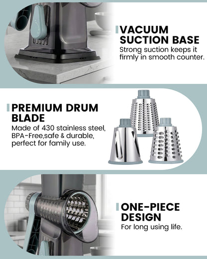 M Buder Rotary Cheese Grater with 3 Interchangeable Blades, Hand Crank Cheese Shredder Vegetable Chopper , Mandoline Slicer, Suction Base, Gray