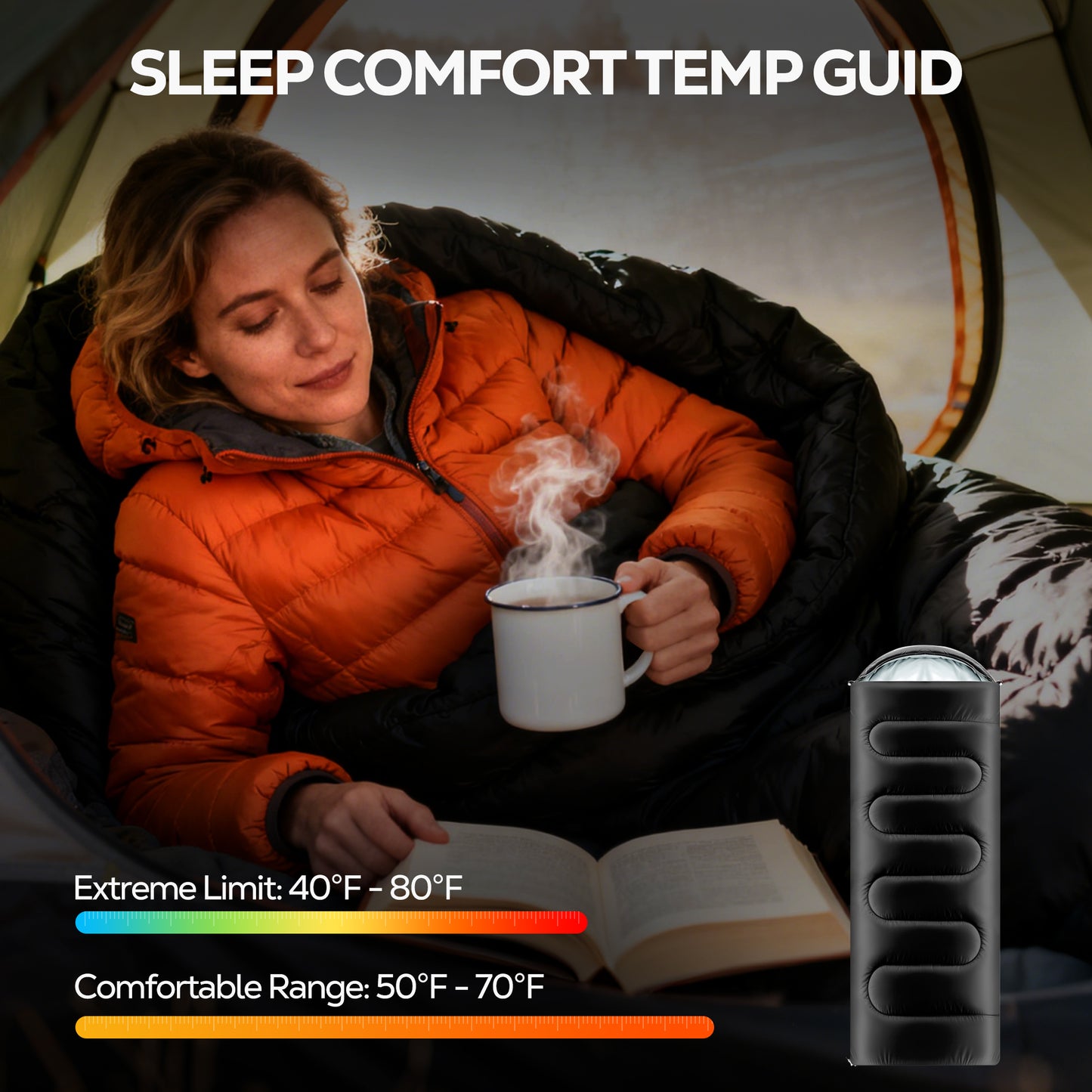 OHHANI Sleeping Bag for Adults Lightweight Backpacking, Comfort 40°F to 77°F, 87" x 30" Suitable for Camping, Hiking, Travel, Black