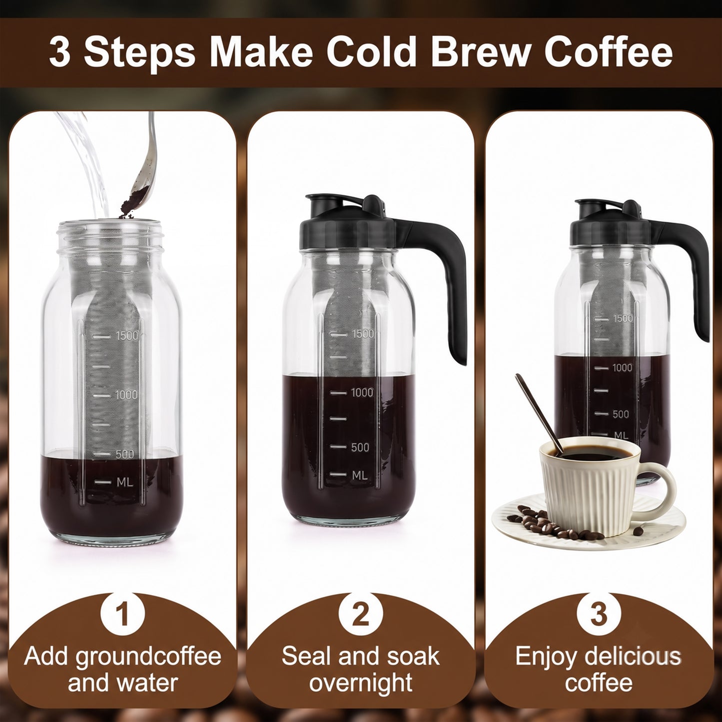 M Buder Cold Brew Coffee Maker, 64 oz Iced Coffee Maker with Stainless Steel Filter, Lid and Spout, No Leaks Mason Brew Jar Pitche for Iced Coffee, Tea