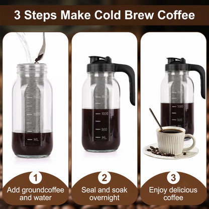 M Buder Cold Brew Coffee Maker, 64 oz Iced Coffee Maker with Stainless Steel Filter, Lid and Spout, No Leaks Mason Brew Jar Pitche for Iced Coffee, Tea
