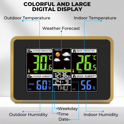 AOLIGO Wireless Weather Station, Color Display with Indoor Outdoor Thermometer, Forecast, Alarm and Calendar, Black