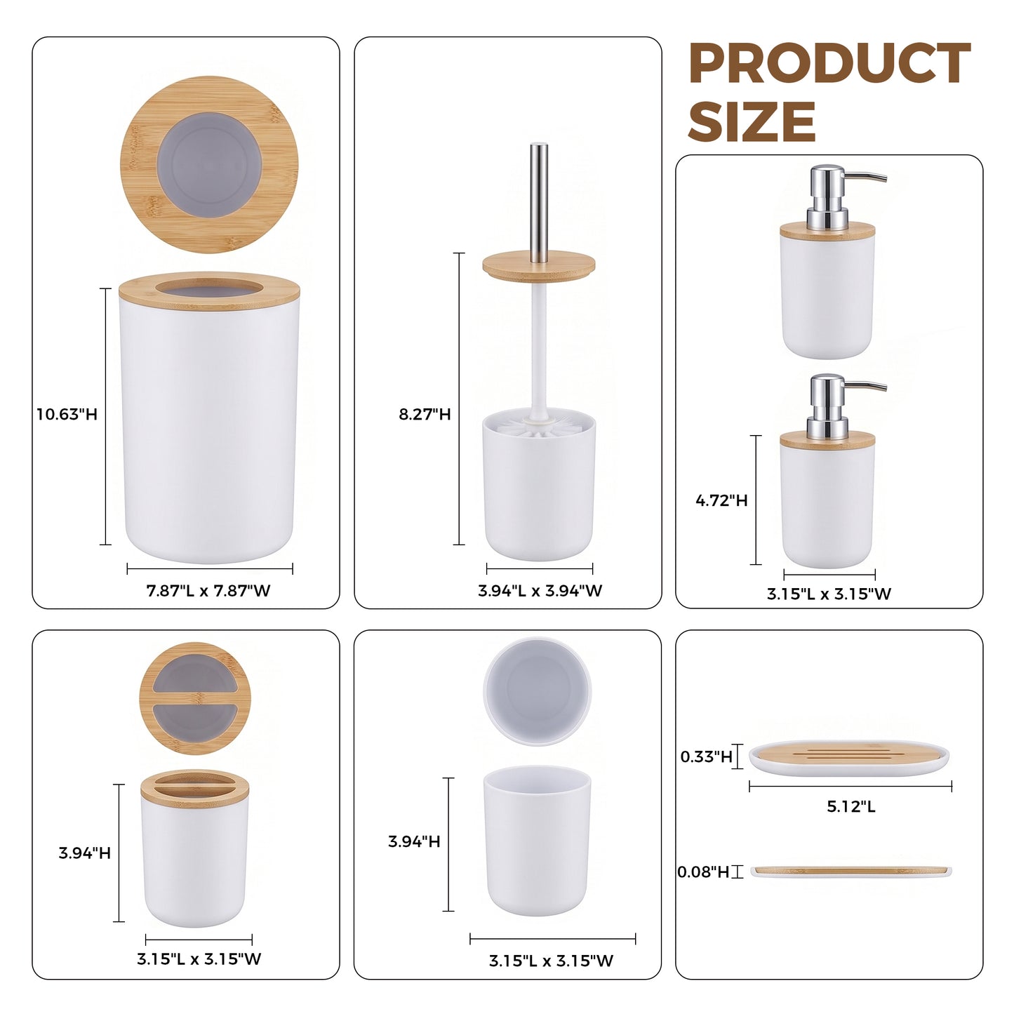 LZSDS 6 Piece Bathroom Accessory Set, Plastic Soap Dispenser with Trash Can and Toilet Brush for Vanity Countertop