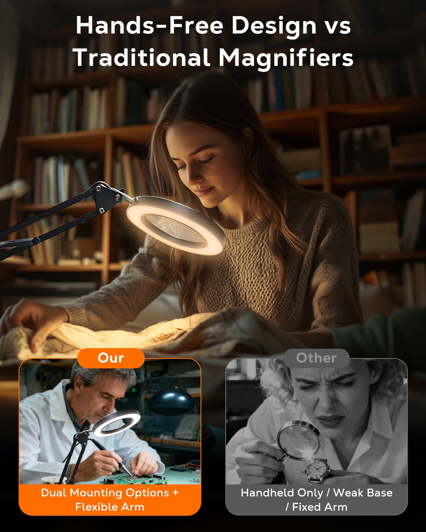 WEENEED 10X Magnifying Desk Lamp with Light, Adjustable Arm, USB Powered Magnifier Lamp with Clamp & Base for Reading, Repair, Crafts, Nail Beauty