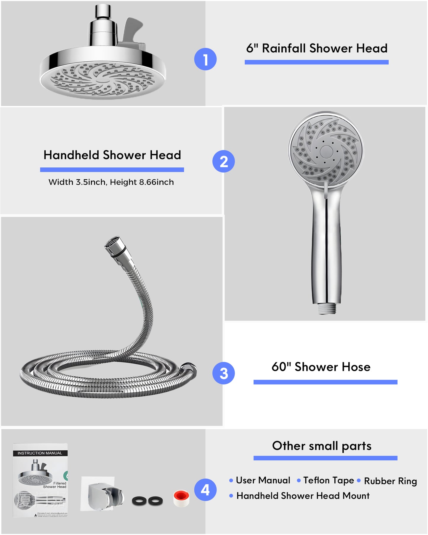 Hodvit 6" High Pressure Rainfall Shower Head and Handheld Combo, Plated with 60" Hose Anti-leak with Holder, Chrome