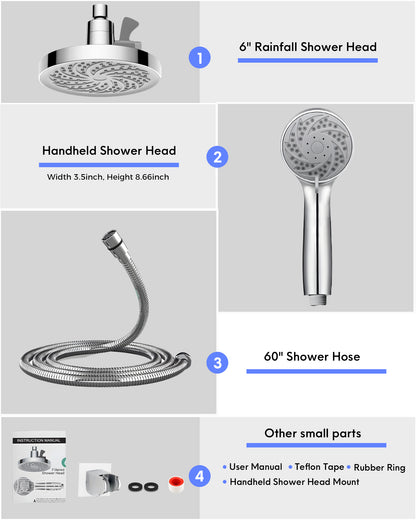 Hodvit 6" High Pressure Rainfall Shower Head and Handheld Combo, Plated with 60" Hose Anti-leak with Holder, Chrome