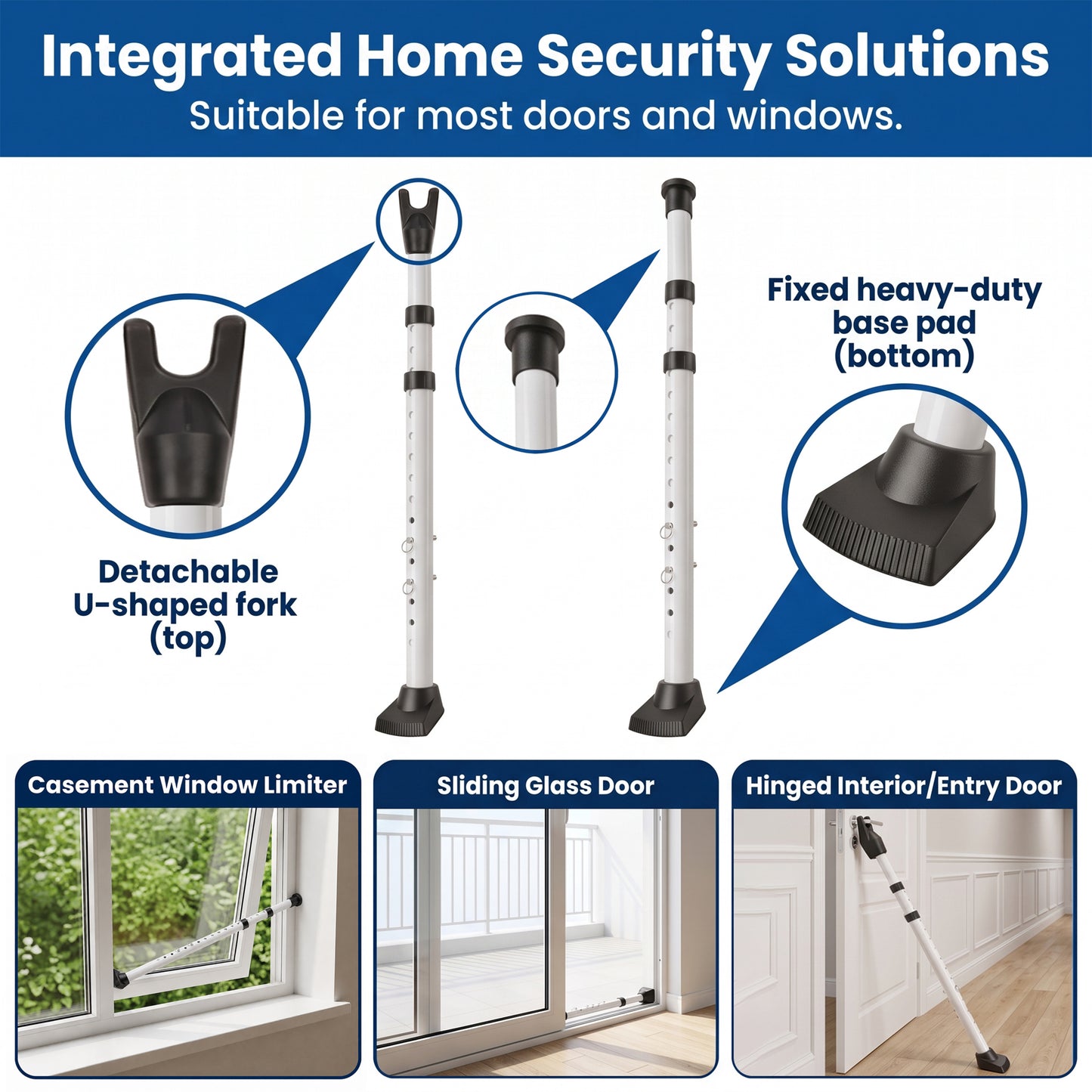 Adjustable Door Security Bar, Heavy-Duty 3-Section Door Stopper for Home Travel & Hotel, 23.2"-49.2"