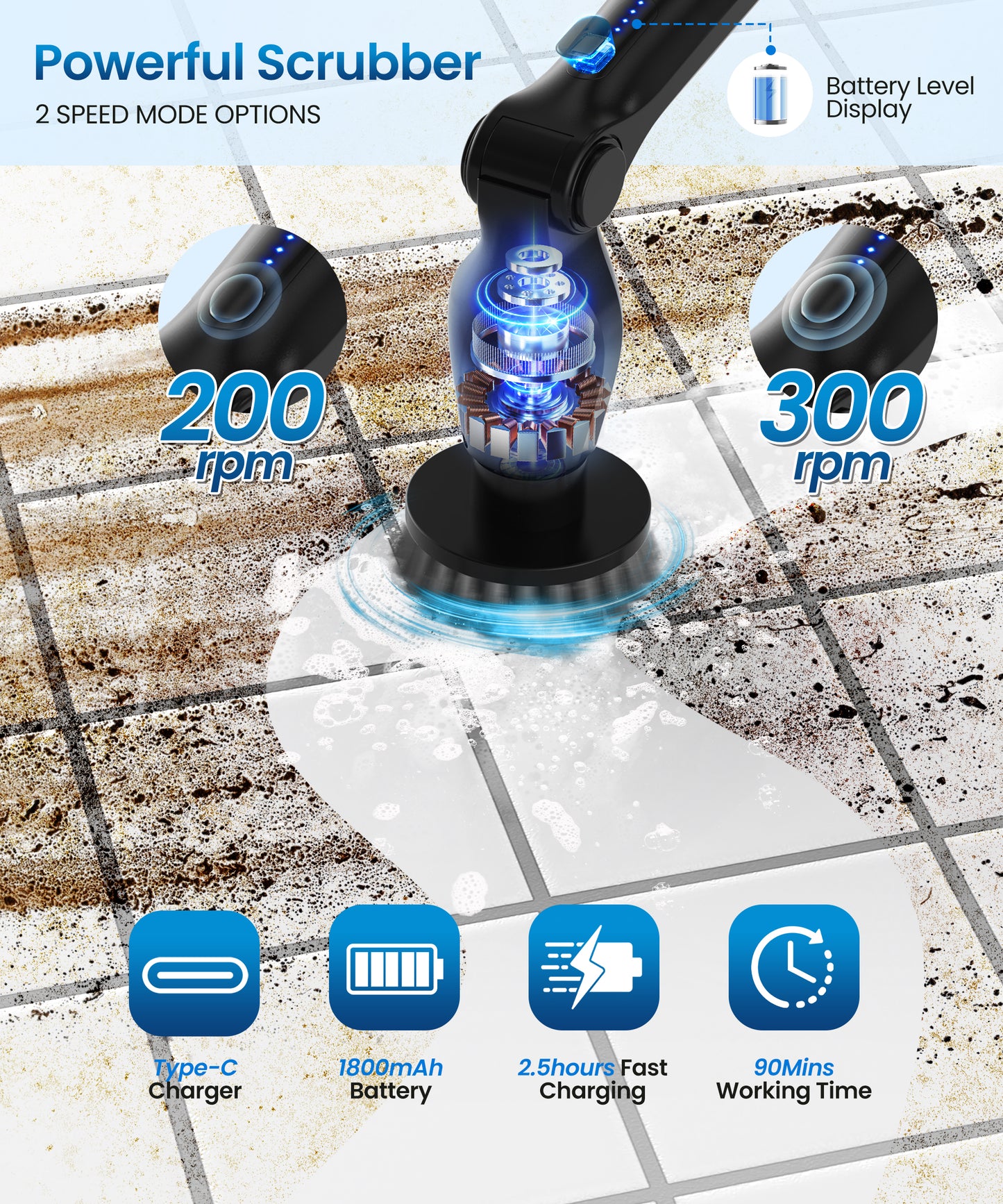 BIMZUC Electric Spin Scrubber, Cordless Cleaning Brush,8 Replaceable Heads, 4 Adjustable Angles, Extendable Handle, Black