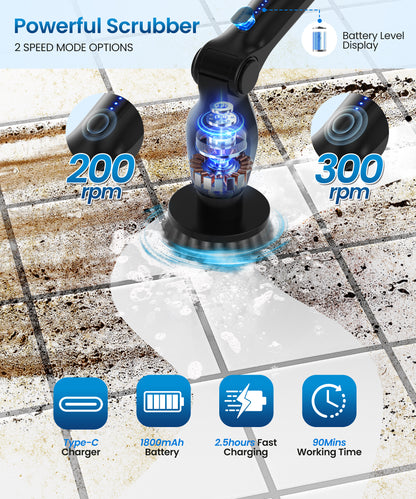 BIMZUC Electric Spin Scrubber, Cordless Cleaning Brush,8 Replaceable Heads, 4 Adjustable Angles, Extendable Handle, Black