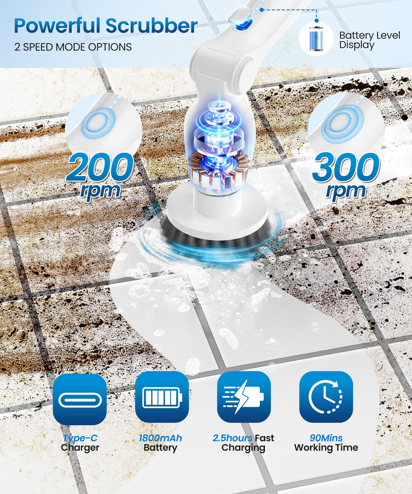 BIMZUC Electric Spin Scrubber, Cordless Cleaning Brush,8 Replaceable Heads, 4 Adjustable Angles, Remote Switch, White