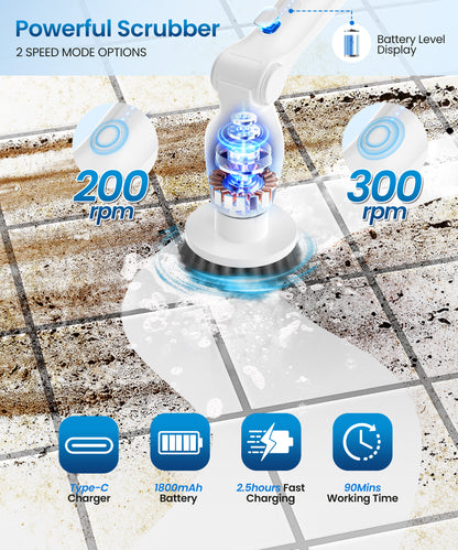 BIMZUC Electric Spin Scrubber, Cordless Cleaning Brush,8 Replaceable Heads, 4 Adjustable Angles, Remote Switch, White