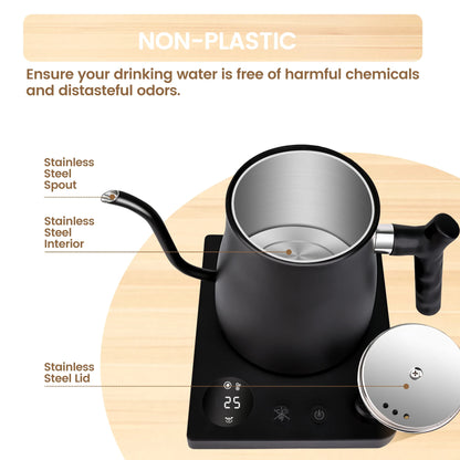 Casualife Gooseneck Electric Kettle, 28Oz Pour Over with Temp Control, 1200W Fast Boil, 36-Hour Timer, Stopwatch, Matte Black
