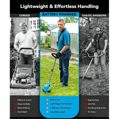 HOTREE 21V Cordless Electric String Trimmer & Weed Wacker Edger, 2x 2.0Ah Batteries, 3 Blades & Adjustable Handle for Yard Care