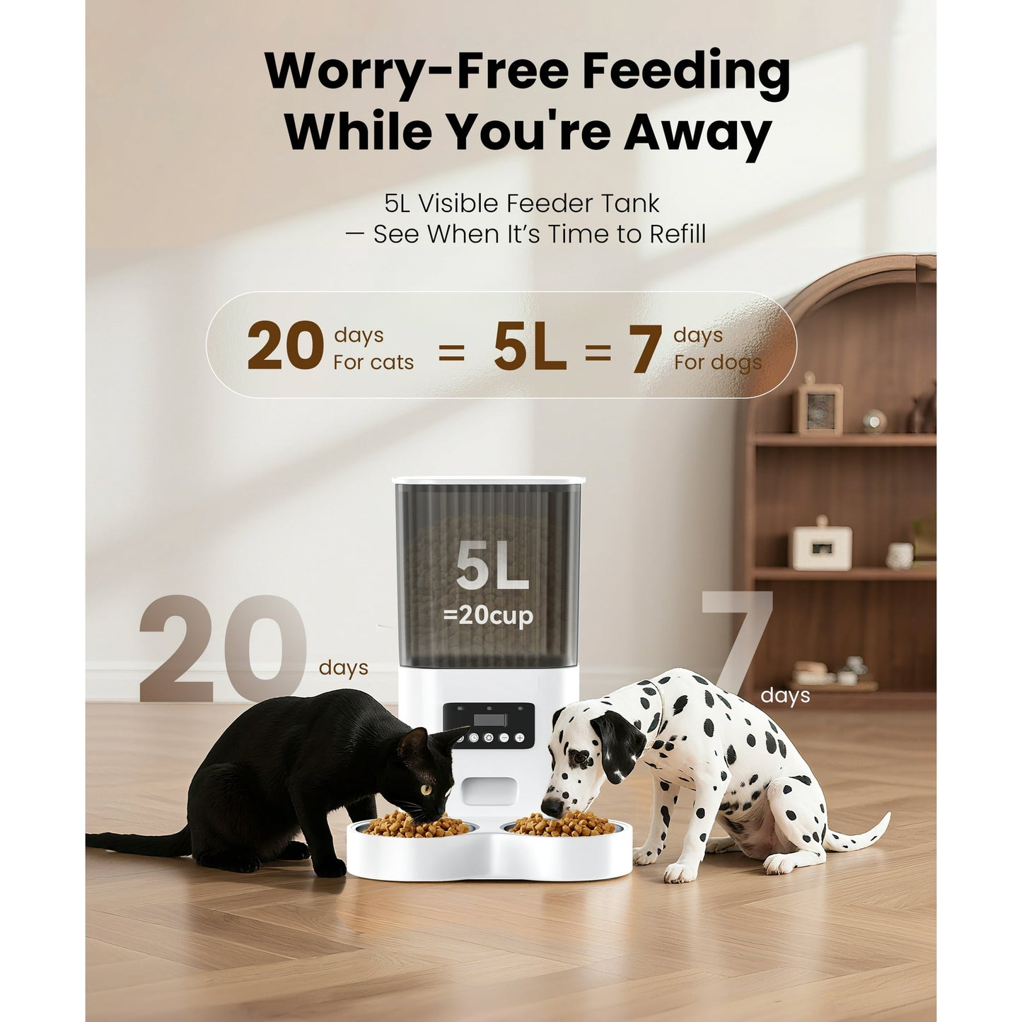 Automatic Cat Feeders for 2 Cats, Timed Auto Feeder Cat Food Dispenser, White, 5L with Double Bowls