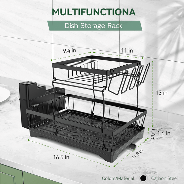 Riousery 2 Tier Dish Racks for Kitchen Counter, Dish Drying Rack with Dish Drainer, Stainless Steel Dish Rack Drain Set with Utensil Cups Holders, Drain Board with Drainage, Kitchen Organizers