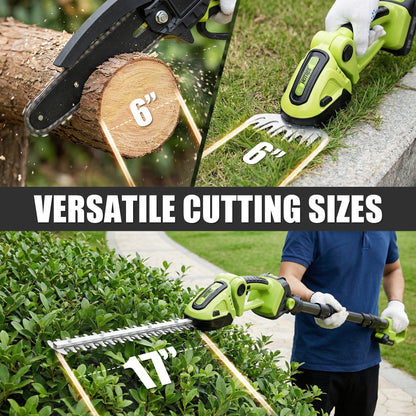 HOTREE 21V Cordless Pole Hedge Trimmer, 3-in-1 with 6 in Pole Saw & Branch Saw Attachment, 2.0Ah Battery & Charger, 16 ft Reach