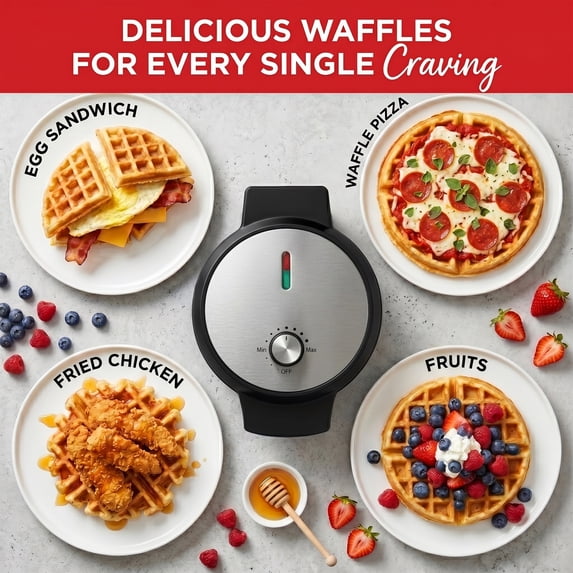 Casualife 1000W Round Waffle Maker with Non-Stick Plates, Dual Indicator Lights and Cool-Touch Handle, Fast Heating Belgian Waffle Iron for Home Kitchen