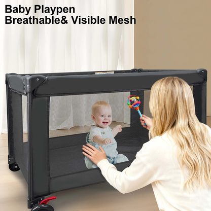 RUPOUN Baby Playards, Foldable Nursery Center Playpen and Toy Mobile, Portable Travel Bassinet, Locking Wheels, Gray