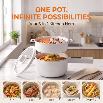 Suodoka Electric Hot Pot, Smart Non-Stick Ceramic Cooking Pot with Long Handle, 5 Modes, LED Touch Screen and 9.5H Timer, White