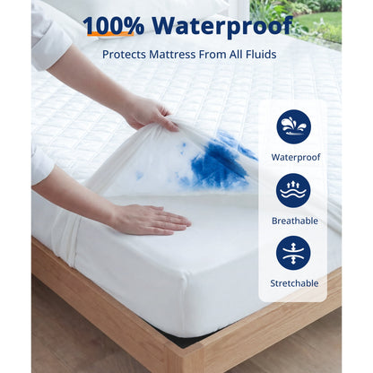 YGXNEWER Queen Waterproof Mattress Protector, 3-Layer Brushed Fabric & Cotton & Fill TPU Membrane, Soft Noiseless Breathable Deep Pocket 8"-21", Dustproof Cover Pad