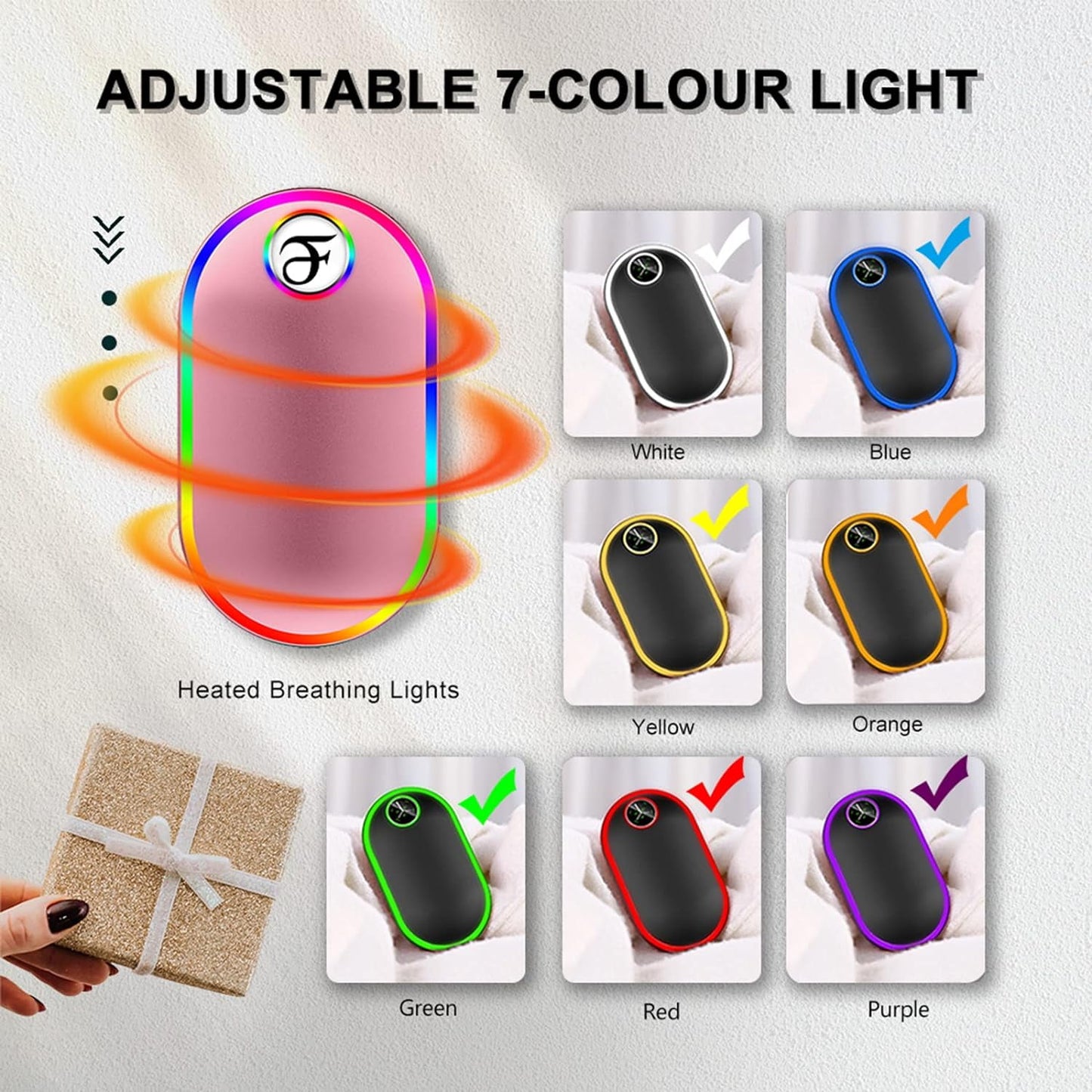 Madala Hand Warmers Rechargeable, 7 Changing Colors Lights Electric Hand Warmers 10000Mah, Electric Portable Pocket Heater, Hunting, Camping- Rose Gold