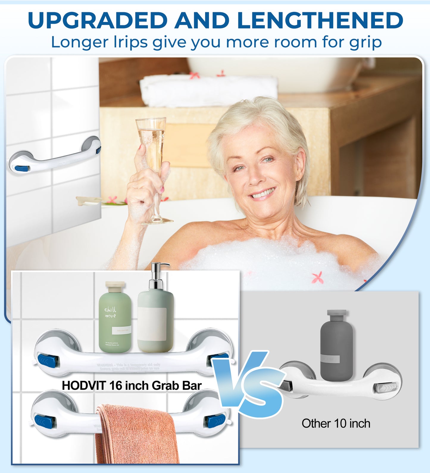 Hodvit 2 Piece 16" Shower Grab Bar, Glow-in-the-Dark Shower Handle with Power Suction Cup Grip for Seniors, Weight Capacity 200 lbs,New