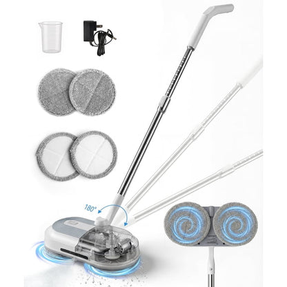 FVSA Cordless Electric Mop, Self Propelled Spin Mop for Floor Cleaning with Water Spray and LED Light, Adjustable Handle, 60 Min Runtime