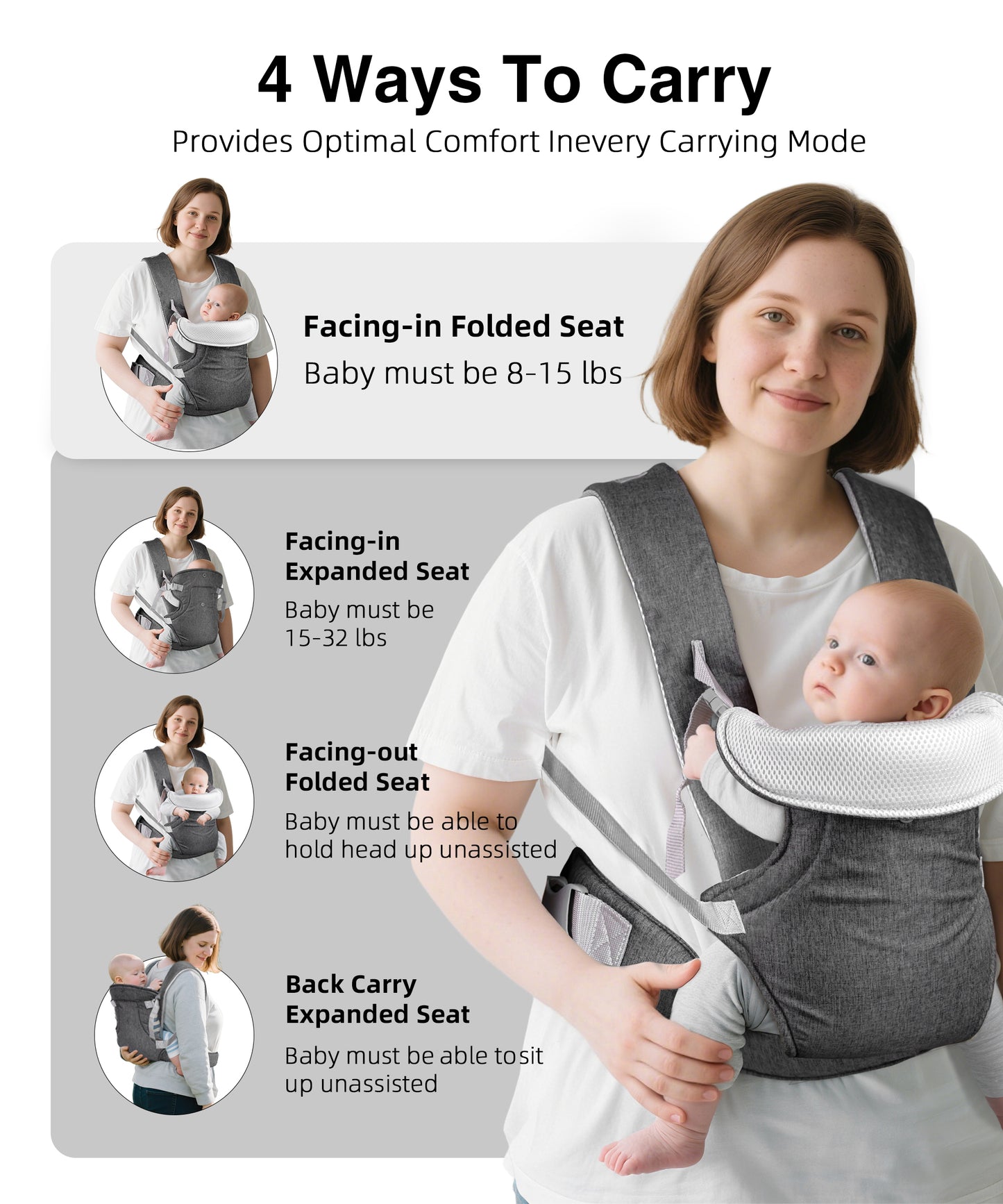 RUPOUN Baby Carrier, Convertible Soft & Cool Baby Carrier, 4-Position, Gray, for Child, Infant, Newborn
